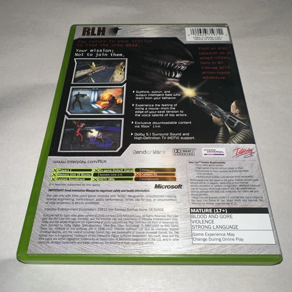 RLH: Run Like Hell Hunt Or Be Hunted (Xbox, 2003) No Soundtrack Disc